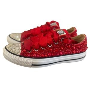 Women's Converse All Star Red Pearl Rhinestone Custom Low Top Sneakers 7 M9696